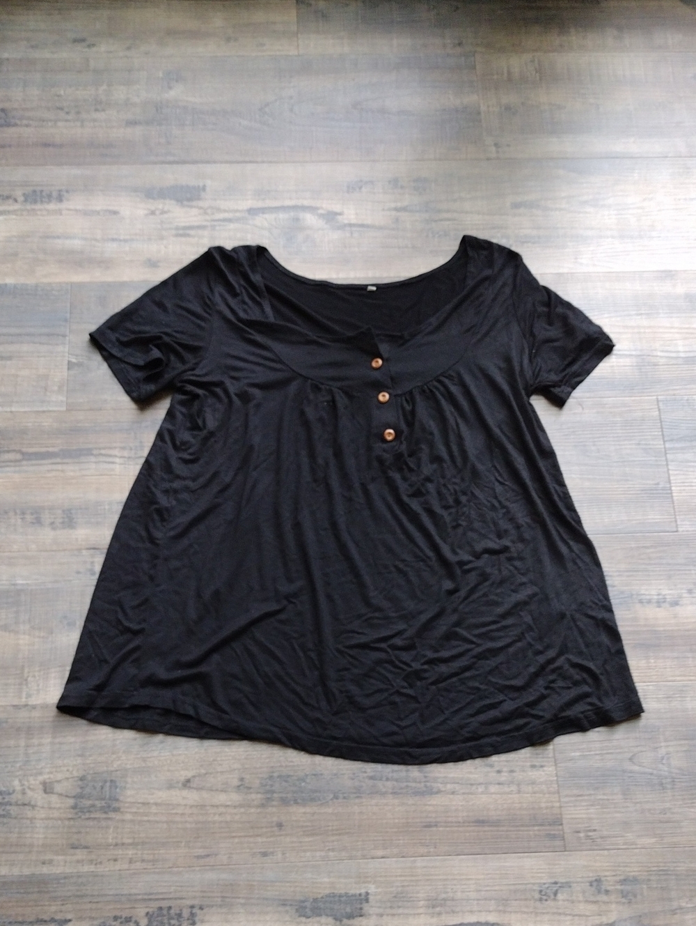 Black Scoop-Neck Short Sleeve Tunic with Button Accents